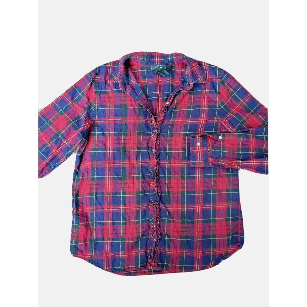 Lauren Ralph Lauren Woman L Red Plaid Ruffle Button Up Top Collar Holiday Preppy